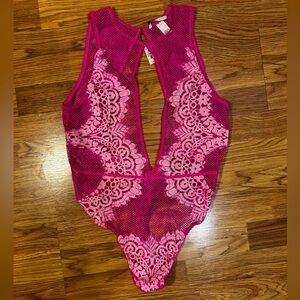 NWT Victoria's Secret Hot Pink Lace ONE-Piece Bodysuit Size Large